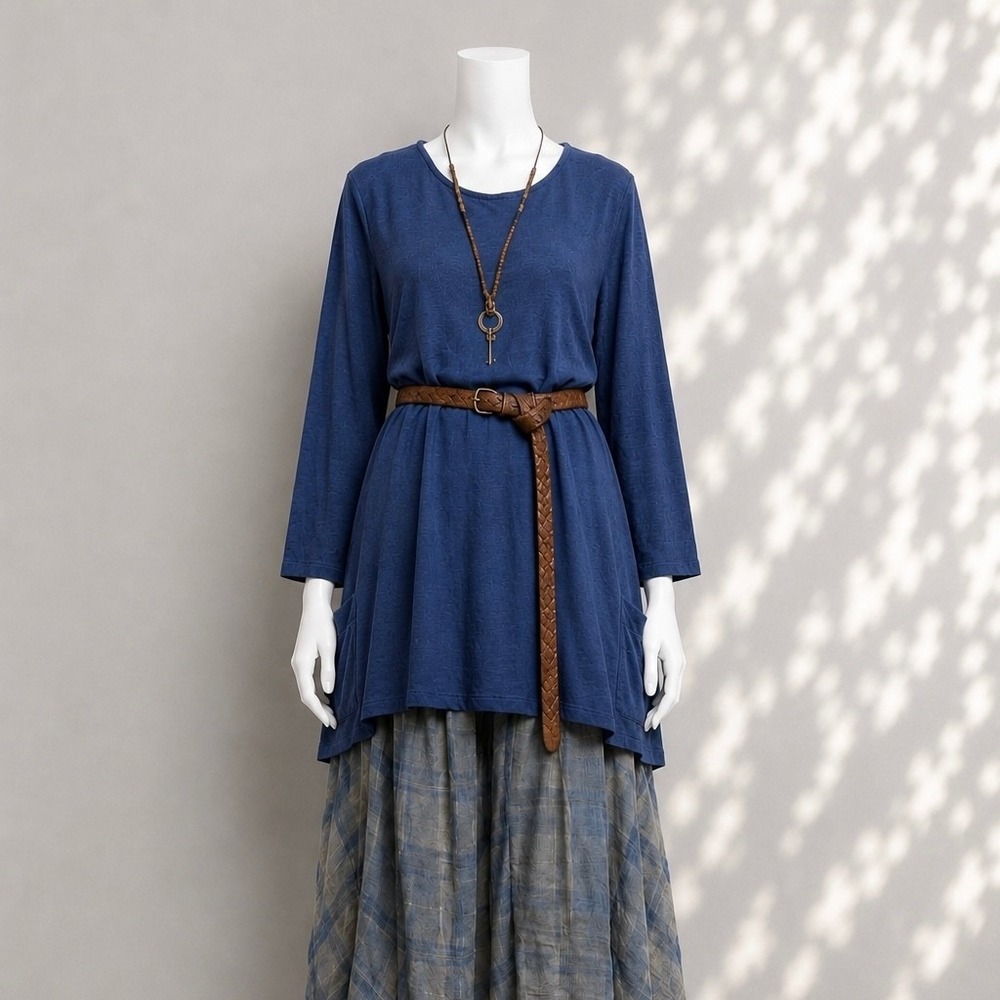 Cut Loose Cotton Linen Knit Tunic M Navy 3/4 Sleeve Minimalist Lagenlook Top